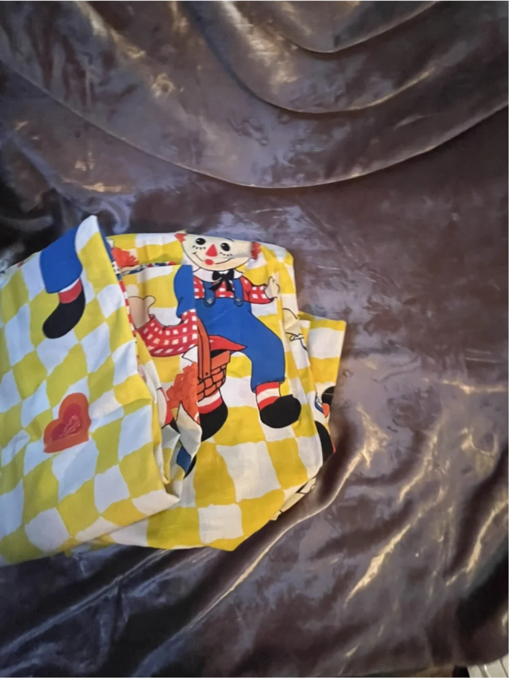 vintage raggedy ann and andy curtain panel pair set yellow checkered SEE PICTURE